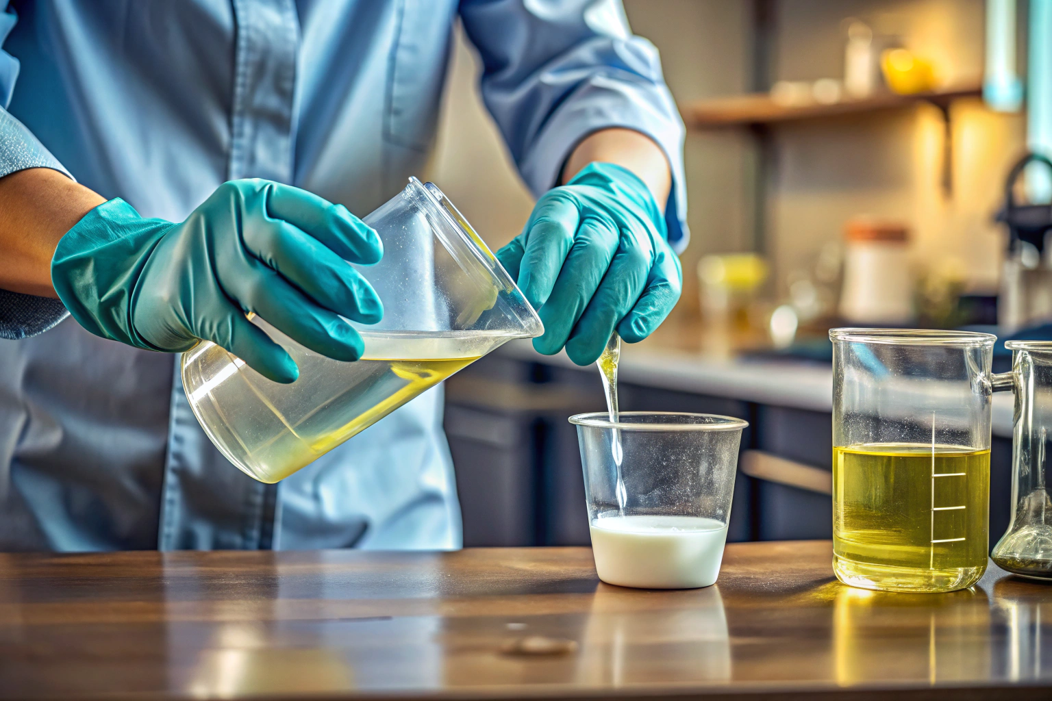 Eine Person in Schutzhandschuhen gießt eine klare Reinigungsflüssigkeit aus einer Flasche in einen Messbecher auf einer sauberen Arbeitsfläche, mit sanftem Licht, das den Fluss der Flüssigkeit betont