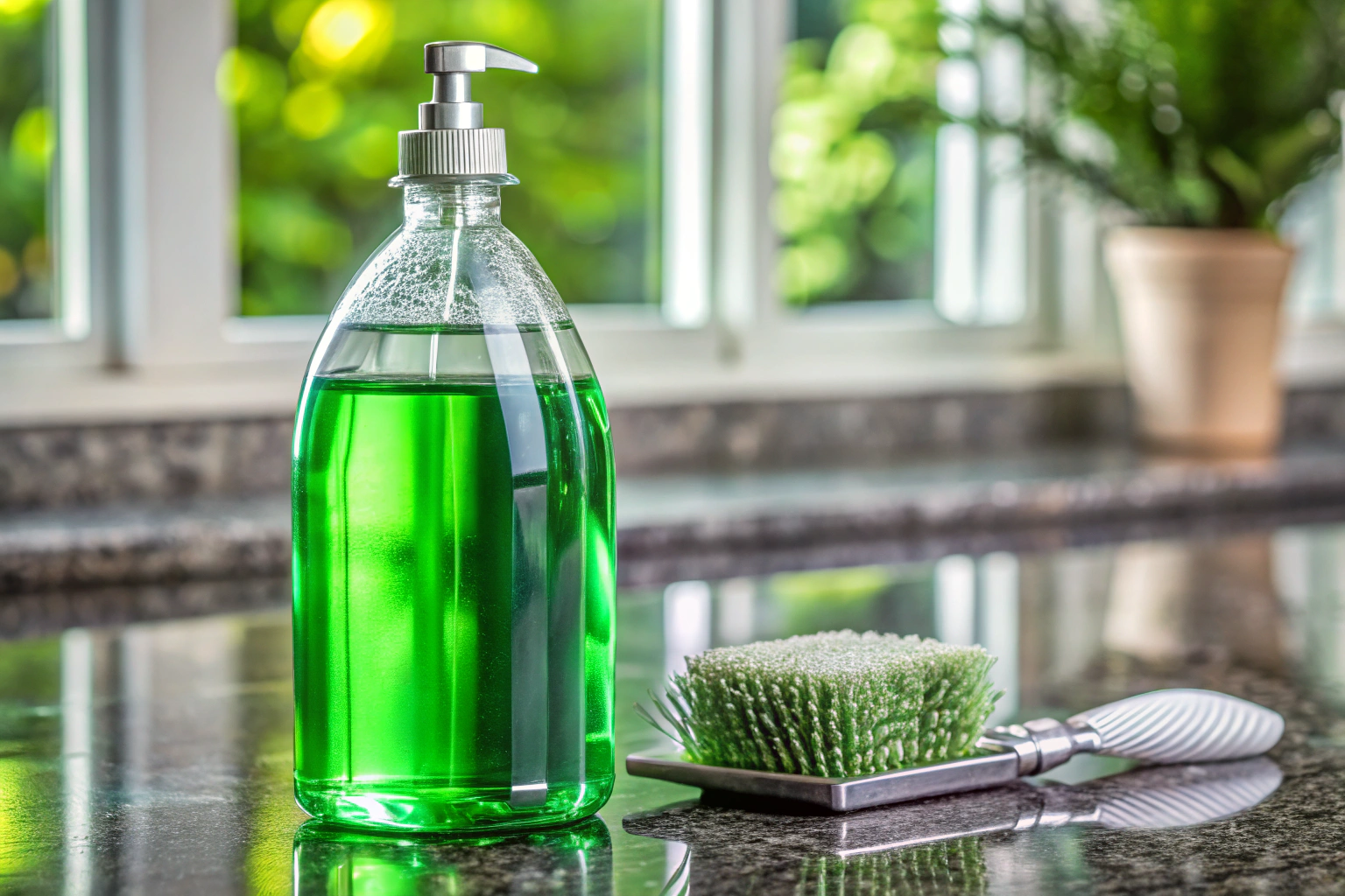 A close-up image of a clear glass bottle filled with a green liquid, sitting beside a metal scrubber on a granite countertop, with no text or branding visible
