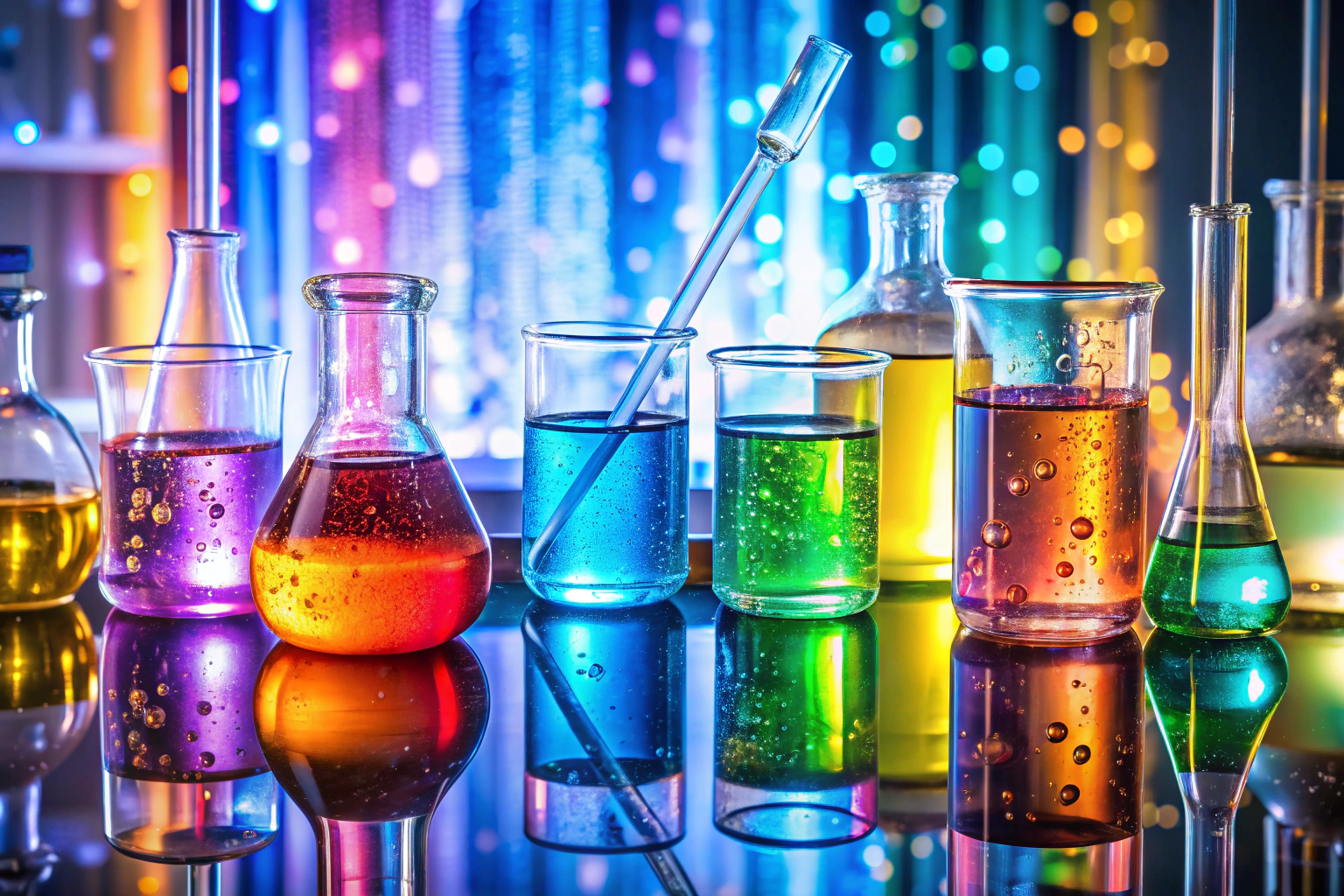Abstract depiction of chemical solutions mixing in glass containers, with bubbles and color gradients, in a sterile laboratory environment