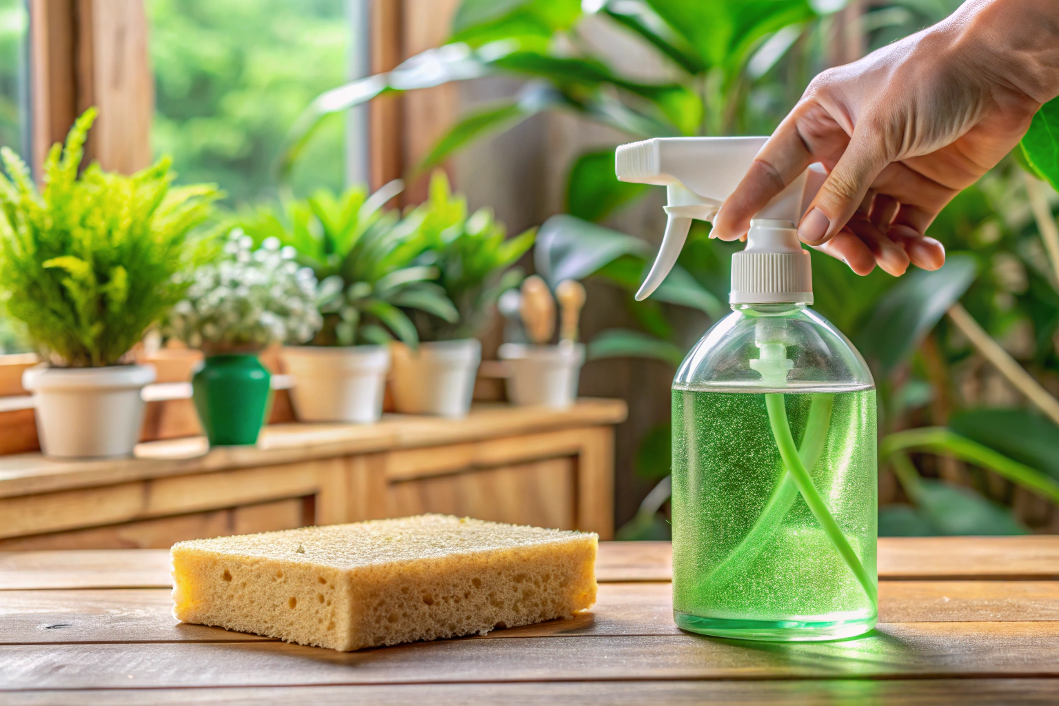 Eine Nahaufnahme einer Hand, die einen umweltfreundlichen Reiniger aus einer Glasflasche auf einen umweltfreundlichen Schwamm sprüht, vor einem Hintergrund aus sauberen, natürlichen Materialien wie Holz und Stein